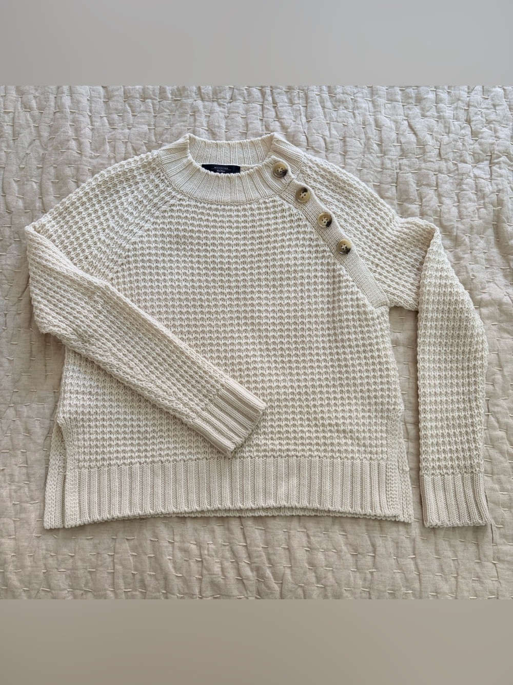 MaxMara Cream Button-Shoulder Waffle Knit Wool Sweater